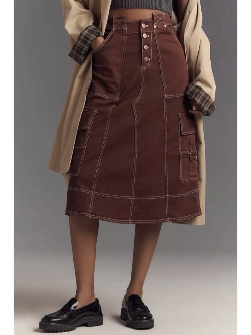 Pilcro Reworked Utility Midi Skirt Size 2 Brown Gorp Anthropologie Streetwear